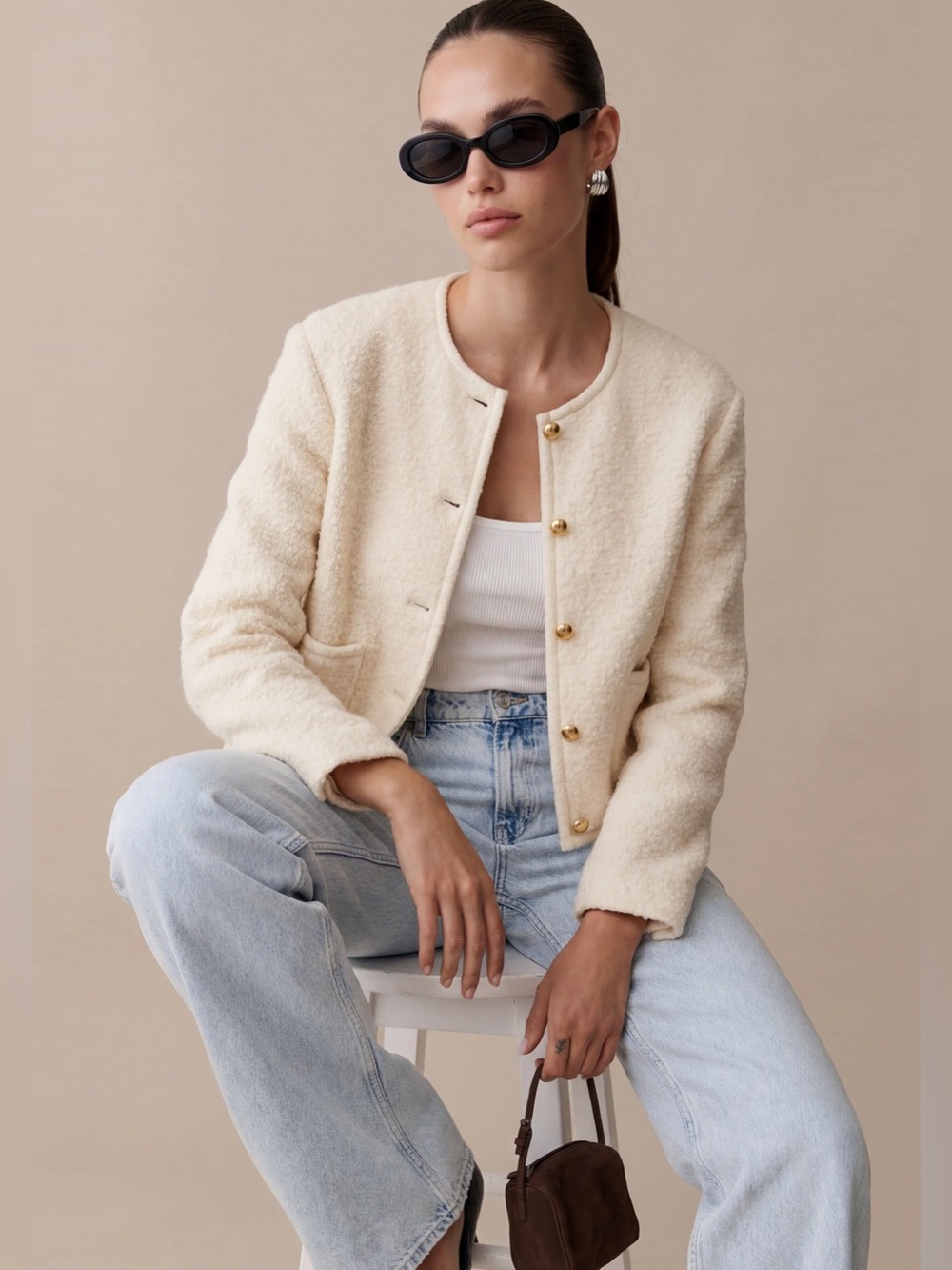 Cream Bouclé Round-Neck Button Jacket Caara/FewModa